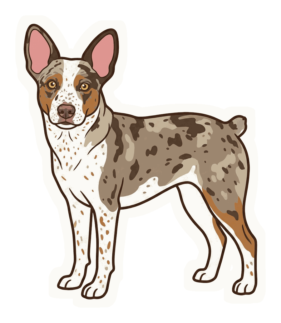 Illustration of Scarlet standing, side view: white blaze, split merle mask, ginger and gray merle coat, white legs with freckles, docked tail