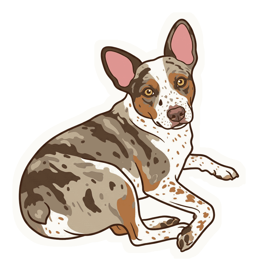 Illustration of Scarlet, a red merle Texas Heeler, lying down and looking back over her shoulder